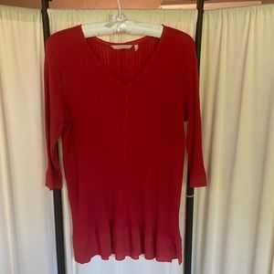 Red V Neck Quarter Length Sleeve Sweater